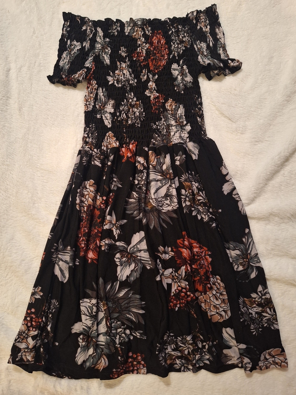 SHEIN Black Off-Shoulder Floral Mini Dress with Rust & Cream Accents
